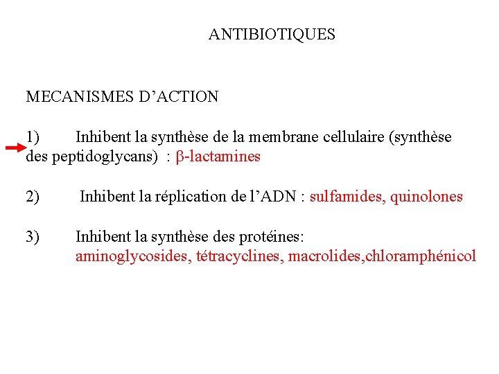 ANTIBIOTIQUES MECANISMES D’ACTION 1) Inhibent la synthèse de la membrane cellulaire (synthèse des peptidoglycans)