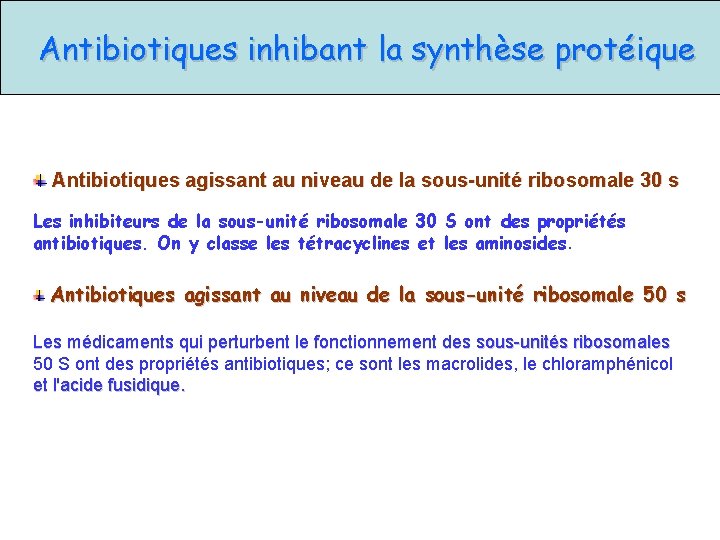 Antibiotiques inhibant la synthèse protéique Antibiotiques agissant au niveau de la sous-unité ribosomale 30