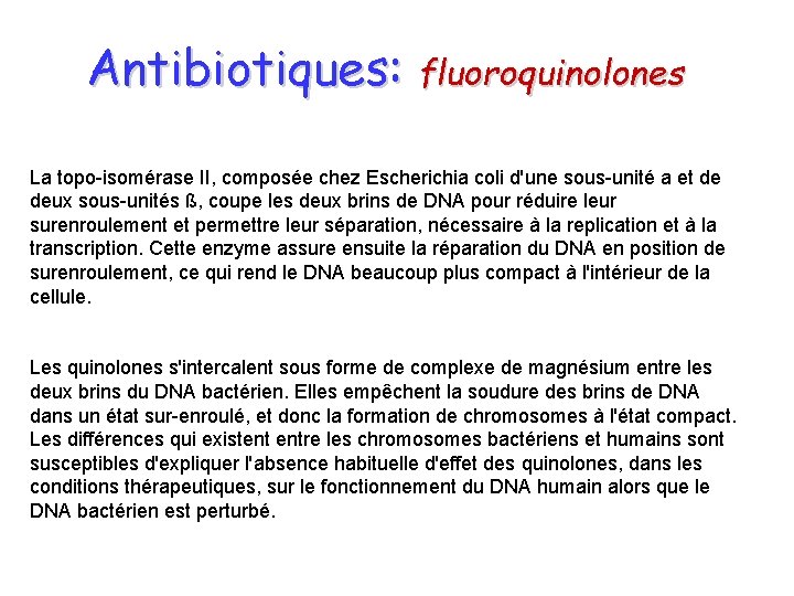 Antibiotiques: fluoroquinolones La topo-isomérase II, composée chez Escherichia coli d'une sous-unité a et de