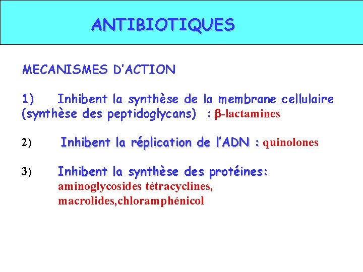 ANTIBIOTIQUES MECANISMES D’ACTION 1) Inhibent la synthèse de la membrane cellulaire (synthèse des peptidoglycans)