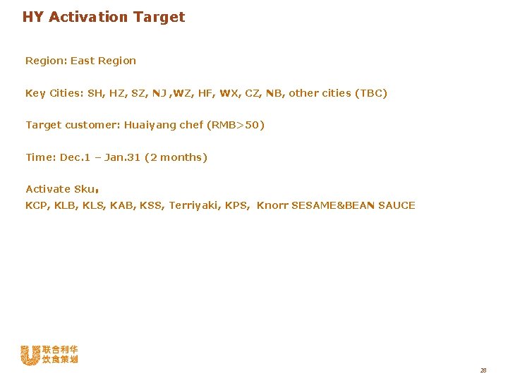 HY Activation Target Region: East Region Key Cities: SH, HZ, SZ, NJ , WZ,