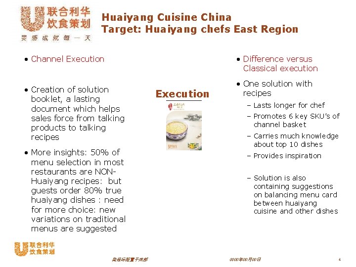 Huaiyang Cuisine China Target: Huaiyang chefs East Region • Channel Execution • Difference versus