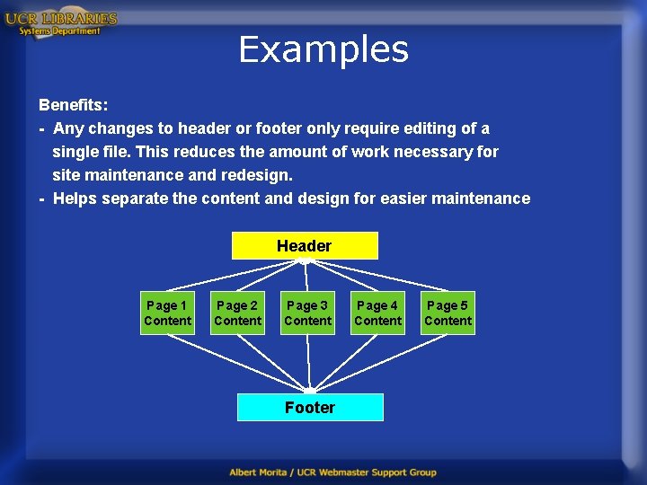 Examples Benefits: - Any changes to header or footer only require editing of a