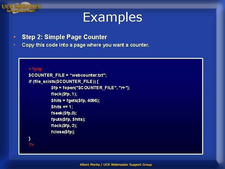 Examples • Step 2: Simple Page Counter • Copy this code into a page