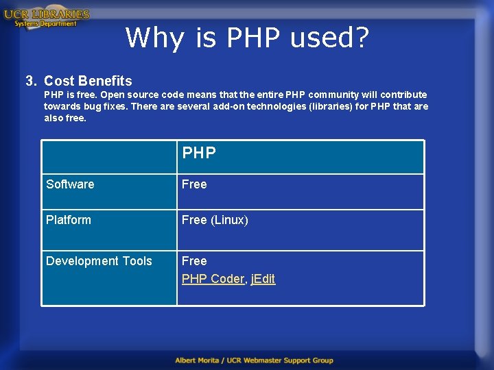 Why is PHP used? 3. Cost Benefits PHP is free. Open source code means