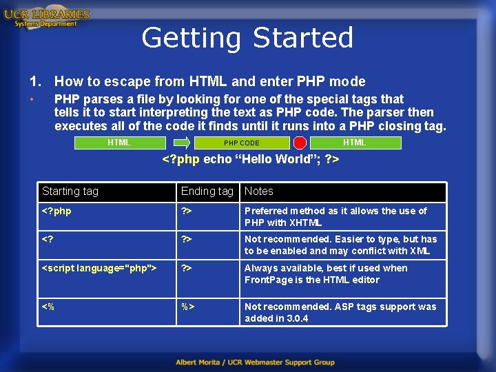 Getting Started 1. How to escape from HTML and enter PHP mode • PHP