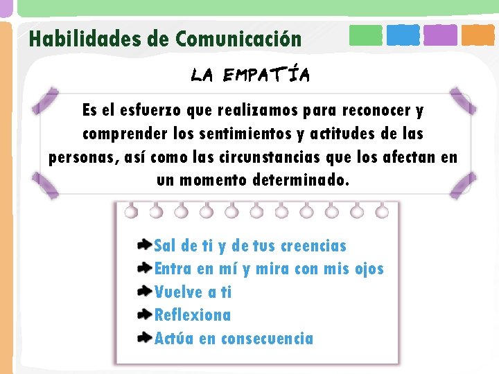 Habilidades de Comunicación LA EMPATÍA Es el esfuerzo que realizamos para reconocer y comprender