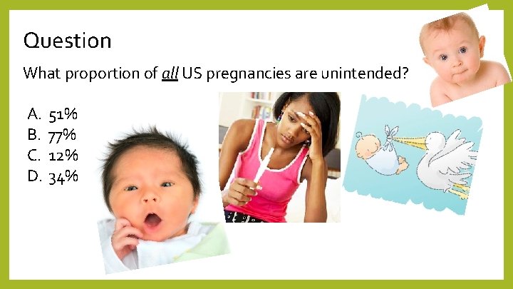 Question What proportion of all US pregnancies are unintended? A. 51% B. 77% C.