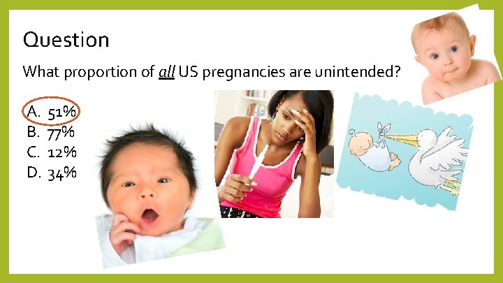 Question What proportion of all US pregnancies are unintended? A. 51% B. 77% C.