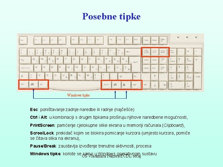 Posebne tipke Windows tipke Esc: poništavanje zadnje naredbe ili radnje (najčešće) Ctrl i Alt: