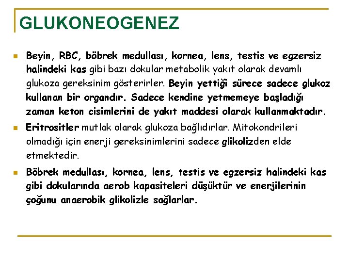 GLUKONEOGENEZ n n n Beyin, RBC, böbrek medullası, kornea, lens, testis ve egzersiz halindeki