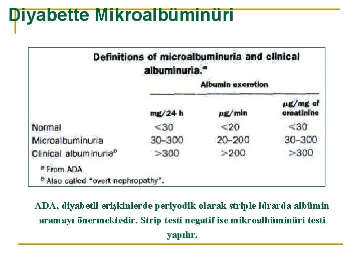 Diyabette Mikroalbüminüri ADA, diyabetli erişkinlerde periyodik olarak striple idrarda albümin aramayı önermektedir. Strip testi