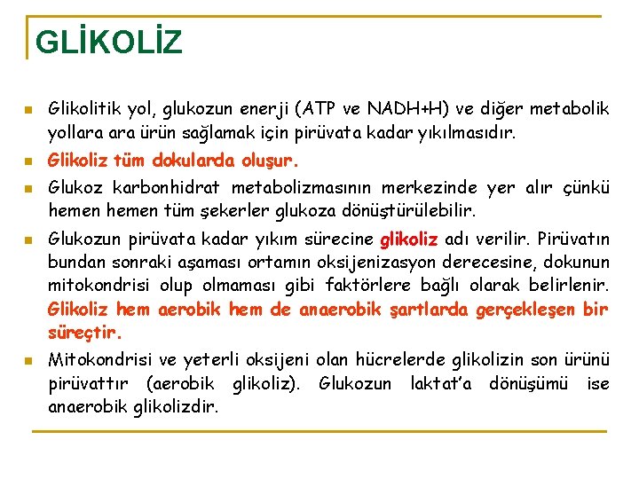 GLİKOLİZ n n n Glikolitik yol, glukozun enerji (ATP ve NADH+H) ve diğer metabolik