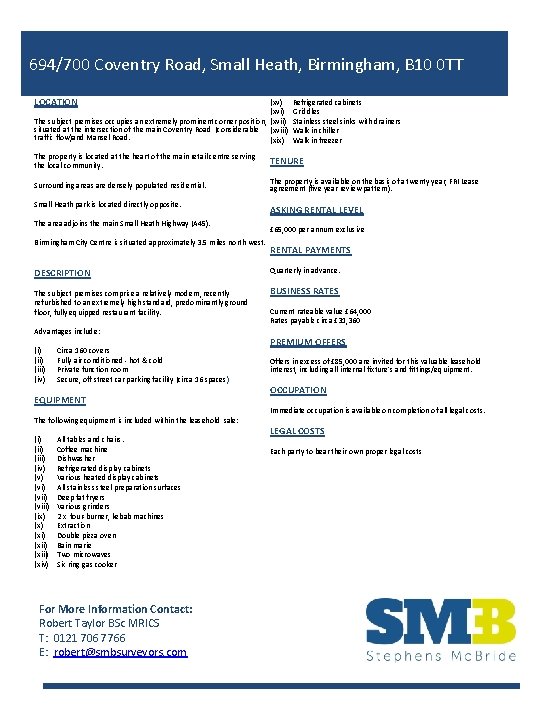 694/700 Coventry Road, Small Heath, Birmingham, B 10 0 TT LOCATION (xv) (xvi) The