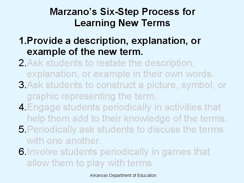 Marzano’s Six-Step Process for Learning New Terms 1. Provide a description, explanation, or example Marzano’s Six-Step Process for Learning New Terms 1. Provide a description, explanation, or example