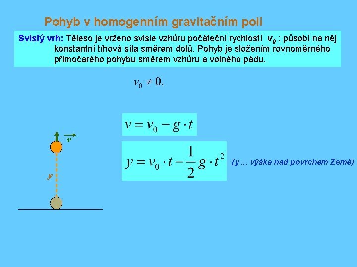 Pohyb v homogenním gravitačním poli Svislý vrh: Těleso je vrženo svisle vzhůru počáteční rychlostí