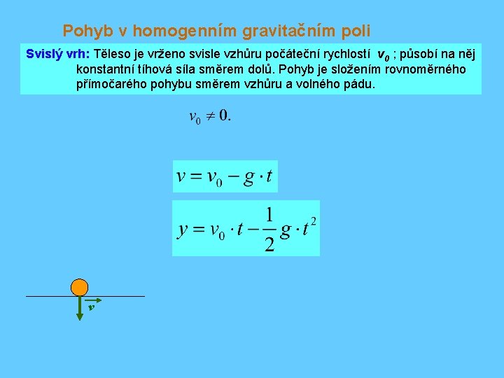 Pohyb v homogenním gravitačním poli Svislý vrh: Těleso je vrženo svisle vzhůru počáteční rychlostí