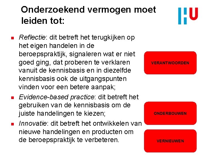 Onderzoekend vermogen moet leiden tot: n n n Reflectie: dit betreft het terugkijken op