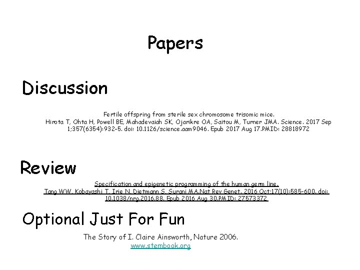 Papers Discussion Fertile offspring from sterile sex chromosome trisomic mice. Hirota T, Ohta H,