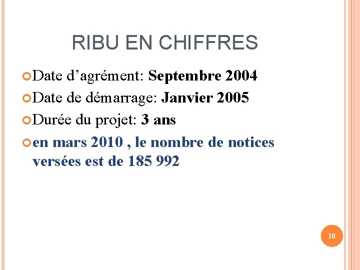 RIBU EN CHIFFRES Date d’agrément: Septembre 2004 Date de démarrage: Janvier 2005 Durée du