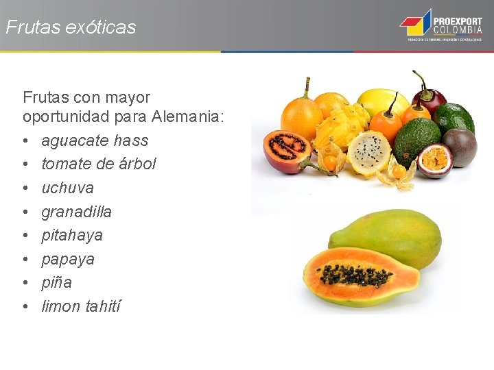 Frutas exóticas Frutas con mayor oportunidad para Alemania: • aguacate hass • tomate de