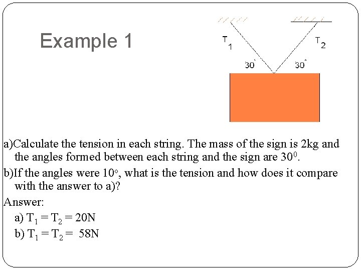 Example 1 a)Calculate the tension in each string. The mass of the sign is