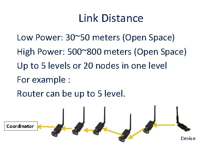 Link Distance Low Power: 30~50 meters (Open Space) High Power: 500~800 meters (Open Space)