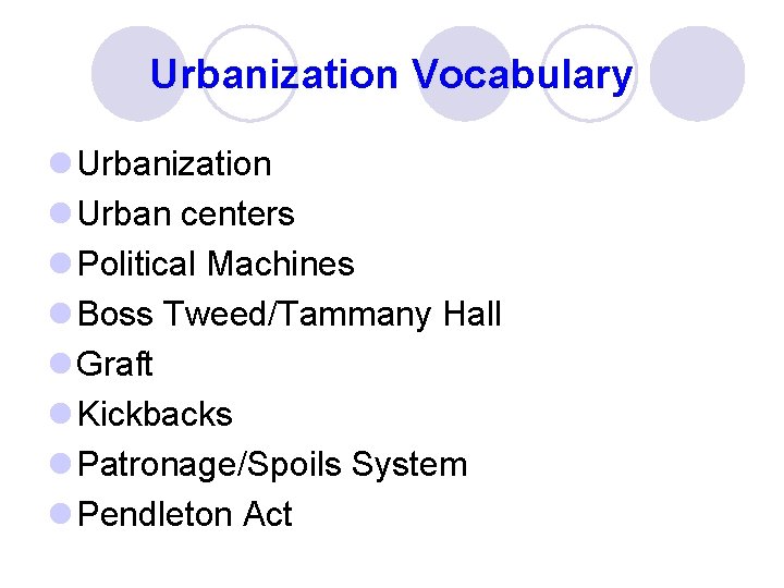 Urbanization Vocabulary l Urbanization l Urban centers l Political Machines l Boss Tweed/Tammany Hall