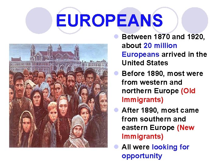 EUROPEANS l Between 1870 and 1920, about 20 million Europeans arrived in the United