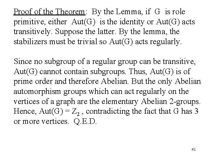 Proof of the Theorem: By the Lemma, if G is role primitive, either Aut(G)