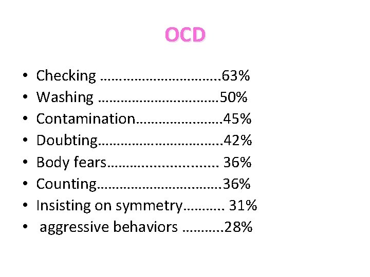 OCD • • Checking ……………. . 63% Washing …………………. …. …… 50% Contamination……………. 45%