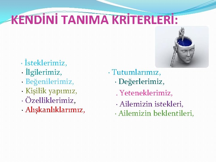 KENDİNİ TANIMA KRİTERLERİ: · İsteklerimiz, · İlgilerimiz, · Beğenilerimiz, · Kişilik yapımız, · Özelliklerimiz,