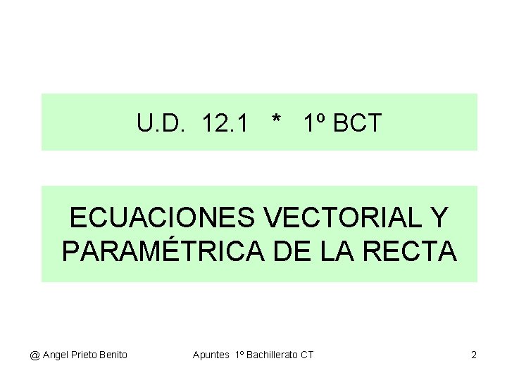 U. D. 12. 1 * 1º BCT ECUACIONES VECTORIAL Y PARAMÉTRICA DE LA RECTA