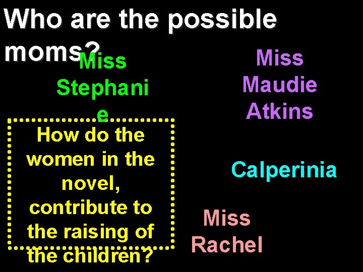 Who are the possible moms? Miss Stephani e How do the women in the