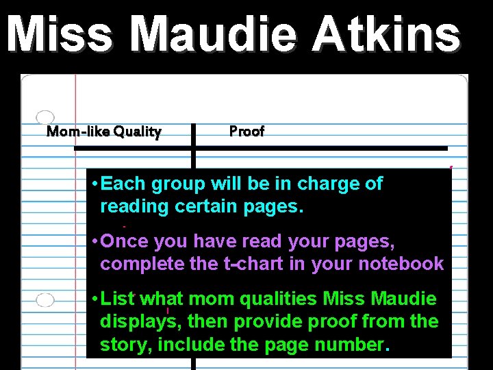 Miss Maudie Atkins Mom-like Quality Proof • Each group will be in charge of