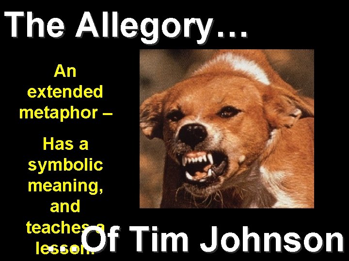 The Allegory… An extended metaphor – Has a symbolic meaning, and teaches a lesson.