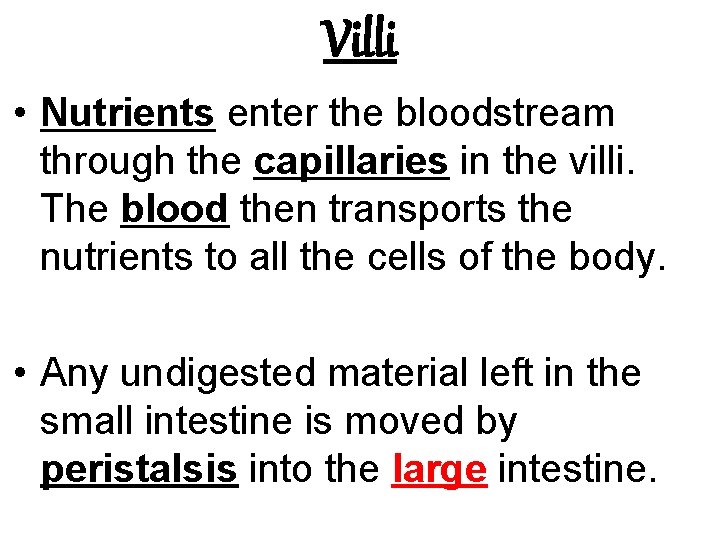 Villi • Nutrients enter the bloodstream through the capillaries in the villi. The blood