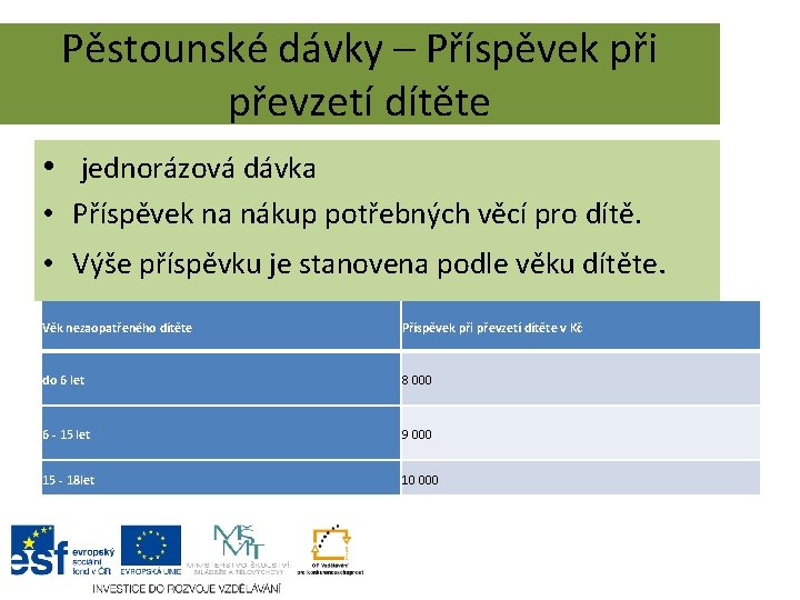 Pěstounské dávky – Příspěvek při převzetí dítěte • jednorázová dávka • Příspěvek na nákup