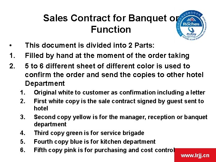 Sales Contract for Banquet or Function • 1. 2. This document is divided into