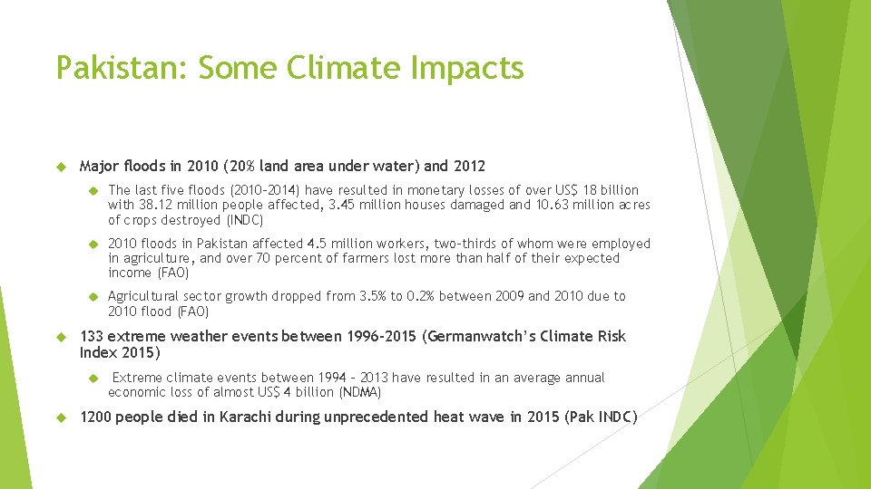 Pakistan: Some Climate Impacts Major floods in 2010 (20% land area under water) and