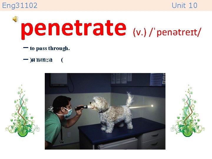 Eng 31102 Unit 10 penetrate (v. ) /ˈpenətreɪt/ – to pass through. – )ผานทะล