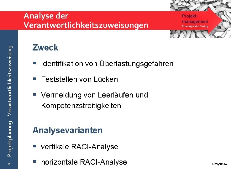 Projektplanung – Verantwortlichkeitszuweisung Analyse der Verantwortlichkeitszuweisungen 14 Zweck § Identifikation von Überlastungsgefahren § Feststellen