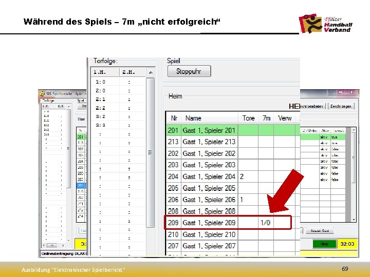 Während des Spiels – 7 m „nicht erfolgreich“ Ausbildung "Elektronischer Spielbericht" 69 