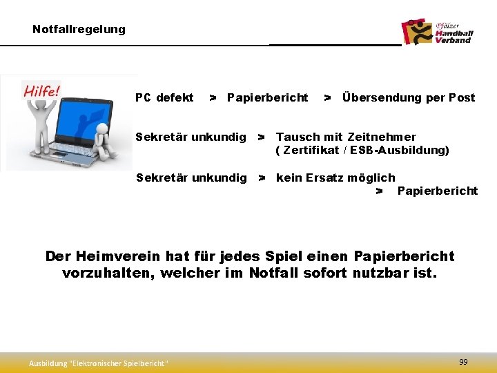 Notfallregelung PC defekt > Papierbericht > Übersendung per Post Sekretär unkundig > Tausch mit