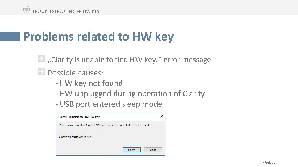 TROUBLESHOOTING → HW KEY Problems related to HW key „Clarity is unable to find