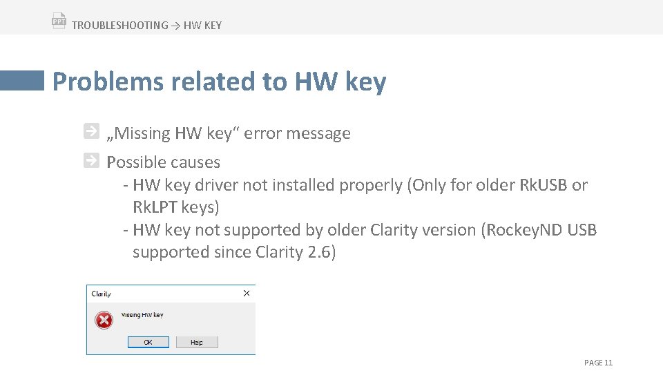 TROUBLESHOOTING → HW KEY Problems related to HW key „Missing HW key“ error message