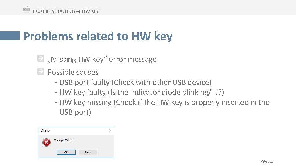 TROUBLESHOOTING → HW KEY Problems related to HW key „Missing HW key“ error message