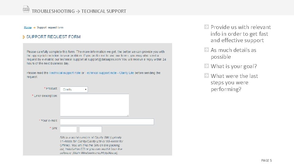 TROUBLESHOOTING → TECHNICAL SUPPORT Provide us with relevant info in order to get fast