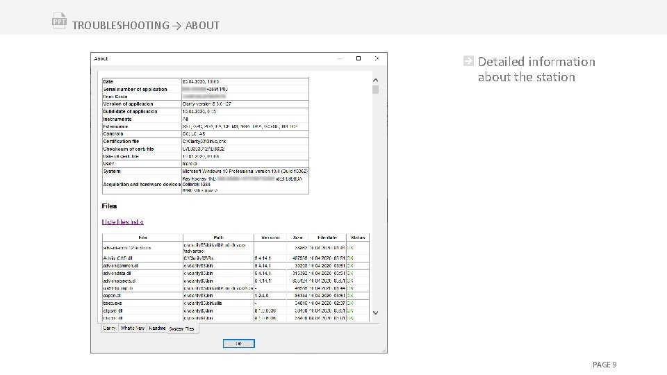 TROUBLESHOOTING → ABOUT Detailed information about the station PAGE 9 