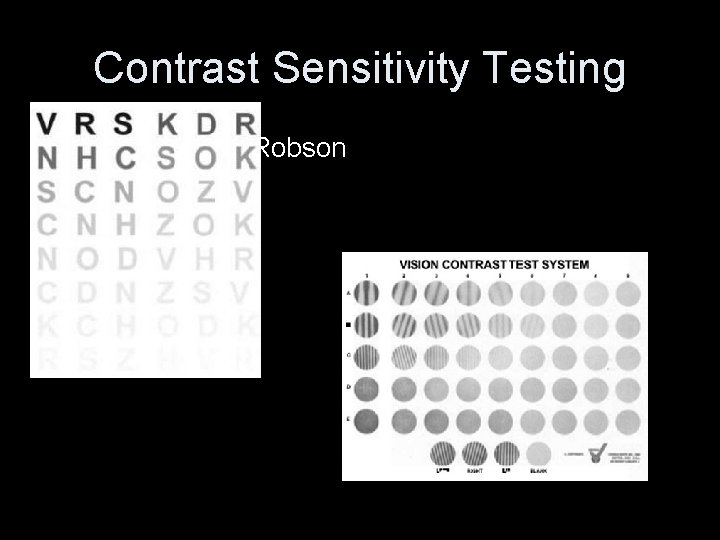 Contrast Sensitivity Testing • Photo of Pelly Robson • Photo of Vis Tek 